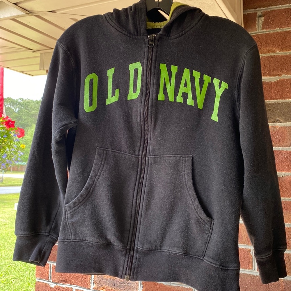 5/$25 Old Navy full zip front hoodie, black/green, youth large (10/12)